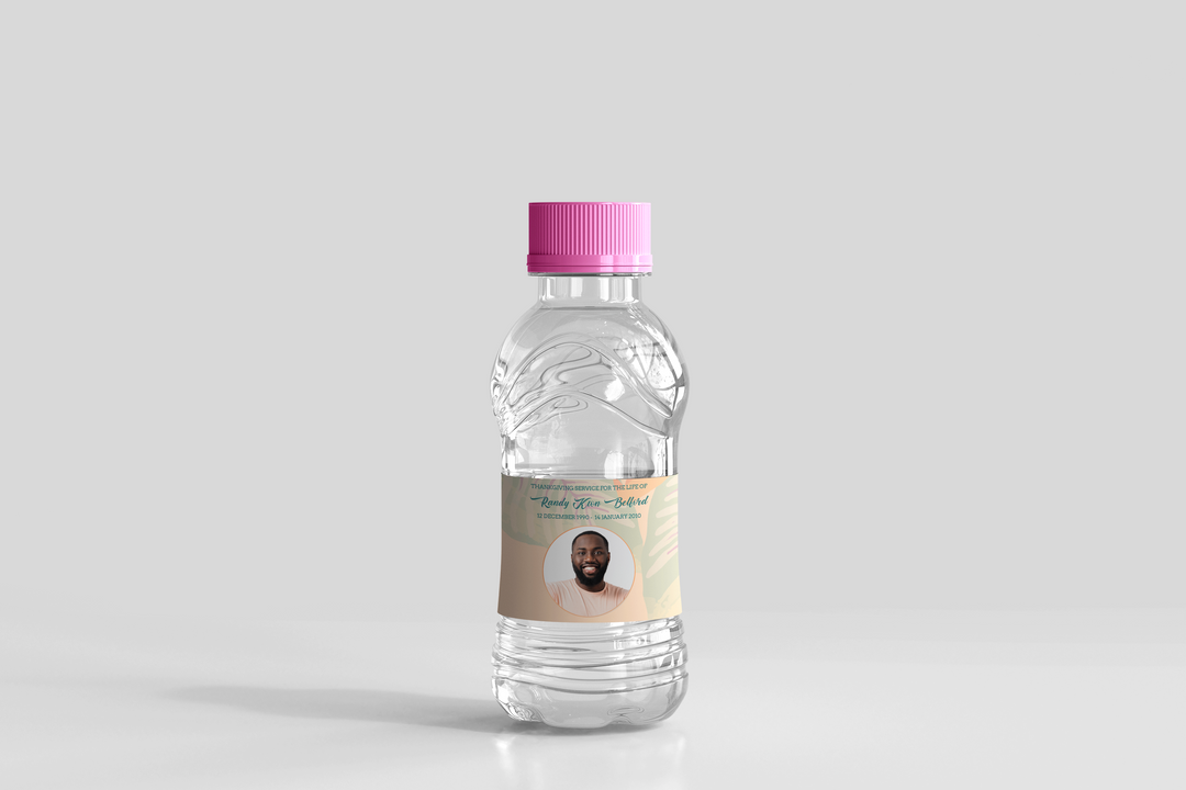 Anpassbare Wasserflaschenetiketten für Beerdigungen/Gedenkfeiern – Erstellen Sie eine personalisierte Hommage mit unserer digitalen Vorlage 1012
