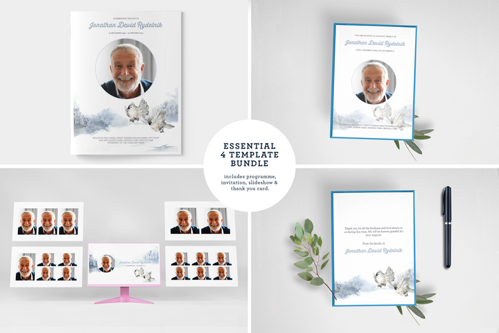 Essentials-Paket: Anpassbare Bestattungs- und Gedenkvorlagen: Großes 8-seitiges Programm, Diashow, Einladungen und Dankeskarten – Erstellen Sie eine personalisierte Hommage, um das Leben und Vermächtnis Ihres geliebten Menschen zu ehren 1013