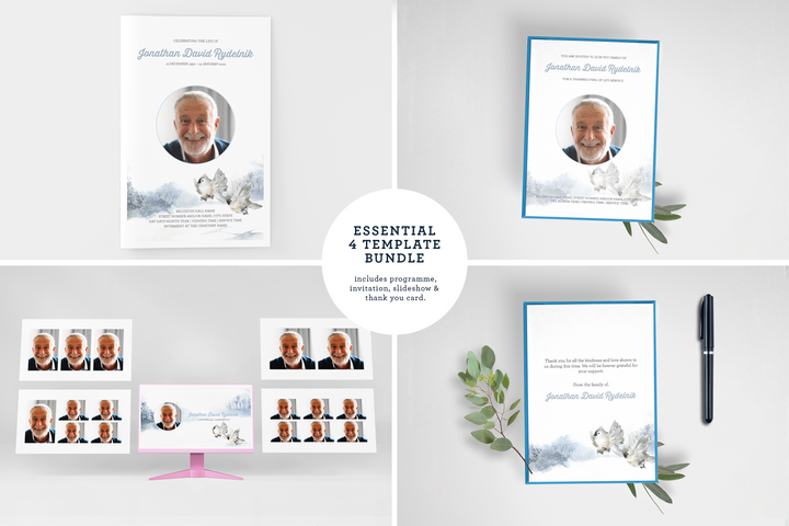 Winter Bird Essential 4-Piece Funeral Template Bundle | Small 4-Page Program, Slideshow, Death Announcement, Invitation, Bookmark Welcome Sign, Share-a-Memory Set, Thank You Card