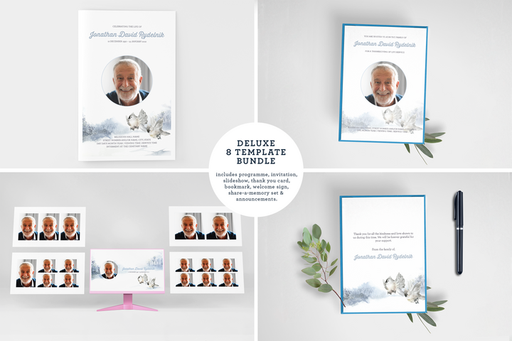 Crea un tributo funebre personalizzato con il nostro pacchetto di modelli digitali: piccolo programma di 8 pagine, presentazione, cartoline, annunci e set di ricordi 1013