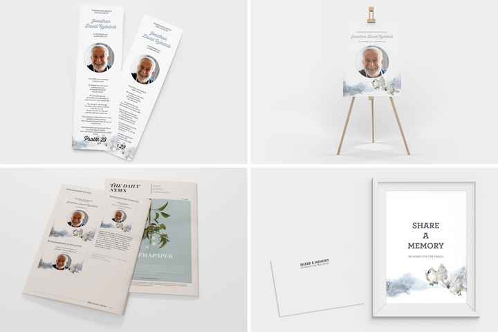 Crea un tributo funebre personalizzato con il nostro pacchetto di modelli digitali: piccolo programma di 8 pagine, presentazione, cartoline, annunci e set di ricordi 1013