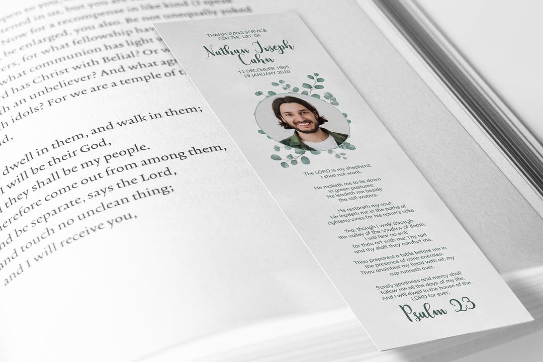 Eucalyptus Bookmark Template Customizable Funeral Keepsake
