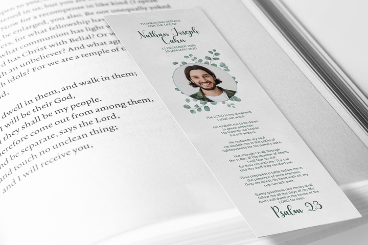 Eucalyptus Bookmark Template Customizable Funeral Keepsake