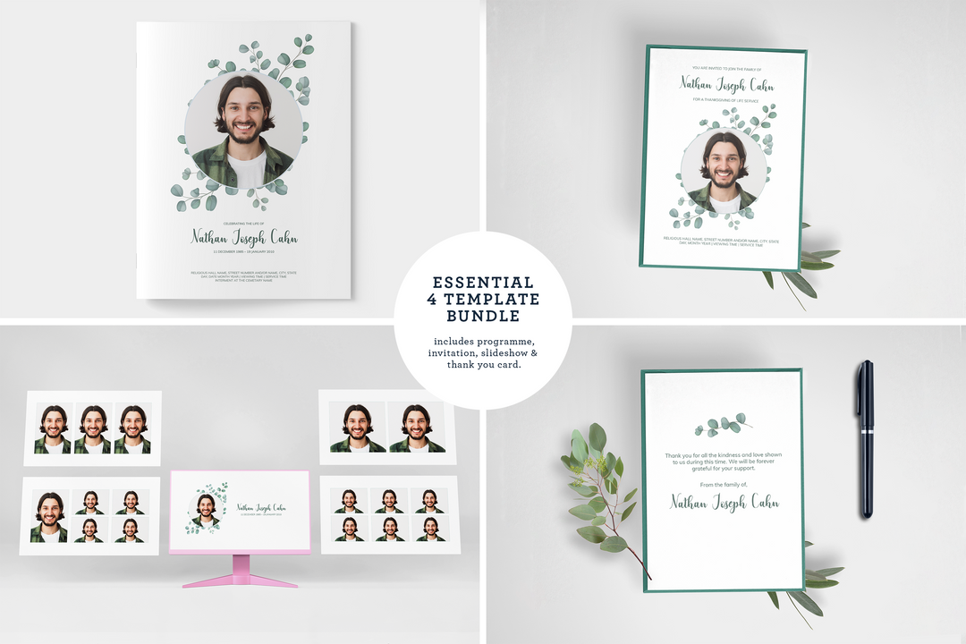 Essentials-Paket: Anpassbare Bestattungs- und Gedenkvorlagen: Großes 8-seitiges Programm, Diashow, Einladungen und Dankeskarten – Erstellen Sie eine personalisierte Hommage, um das Leben und Vermächtnis Ihres geliebten Menschen zu ehren 1014