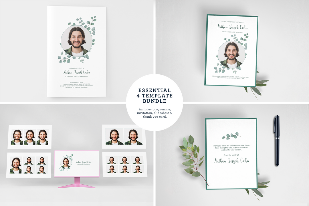 Eucalyptus Essential 4-Piece Funeral Template Bundle | Small 4-Page Program, Slideshow, Death Announcement, Invitation, Bookmark Welcome Sign, Share-a-Memory Set, Thank You Card