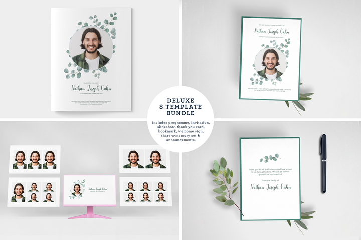 Eucalyptus Deluxe 8-Piece Funeral Template Bundle | Large 4-Page Program, Slideshow, Death Announcement, Invitation, Bookmark Welcome Sign, Share-a-Memory Set, Thank You Card