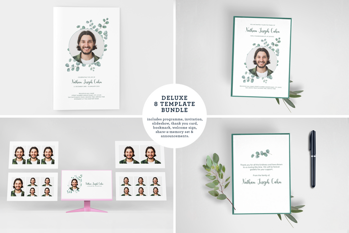 Crea un tributo funebre personalizzato con il nostro pacchetto di modelli digitali: piccolo programma di 8 pagine, presentazione, cartoline, annunci e set di ricordi 1014
