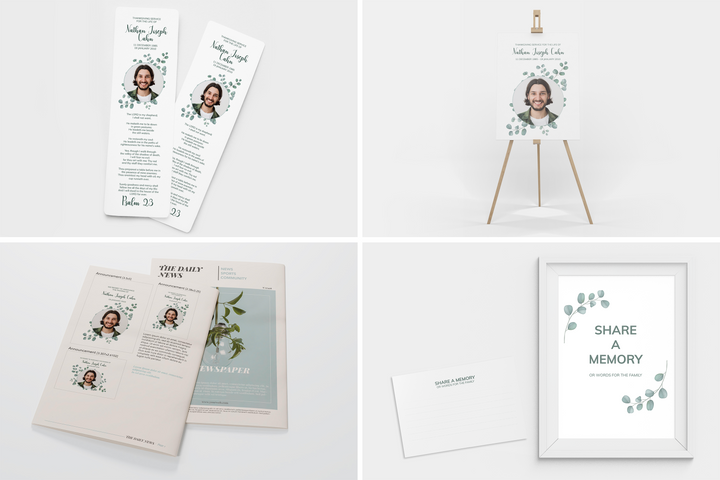 Eucalyptus Deluxe 8-Piece Funeral Template Bundle | Large 4-Page Program, Slideshow, Death Announcement, Invitation, Bookmark Welcome Sign, Share-a-Memory Set, Thank You Card