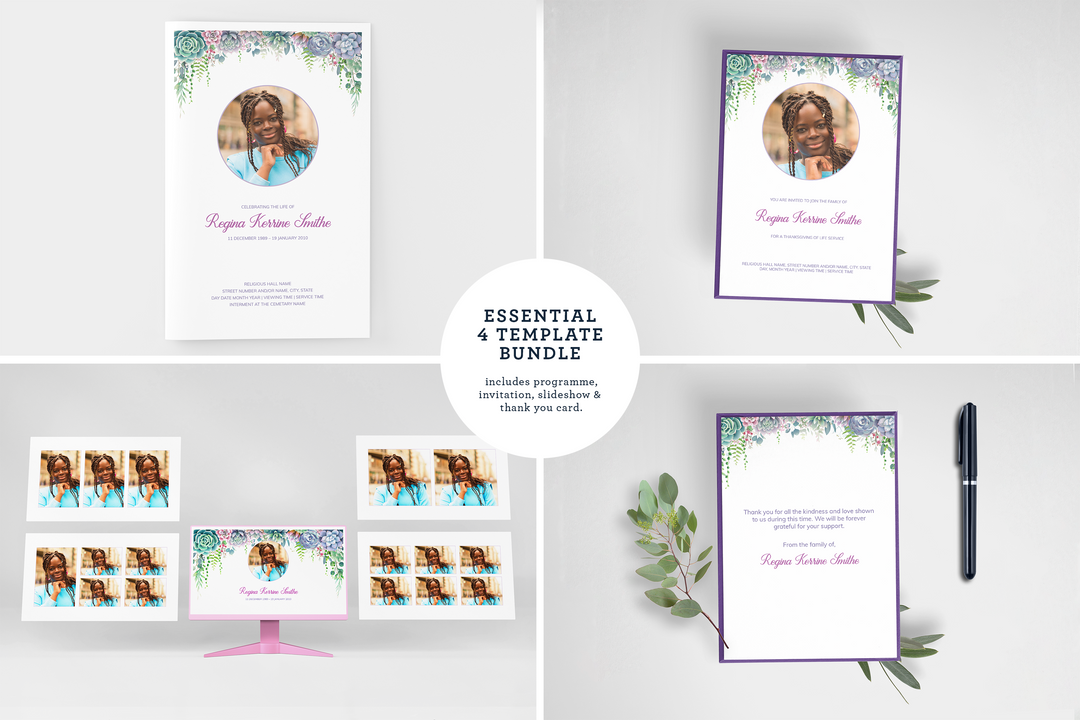Lush Succulent Essential 4-Piece Funeral Template Bundle | Small 4-Page Program, Slideshow, Death Announcement, Invitation, Bookmark Welcome Sign, Share-a-Memory Set, Thank You Card