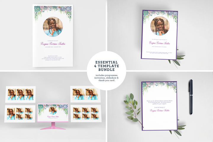 Lush Succulent Essential 4-Piece Funeral Template Bundle | Small 4-Page Program, Slideshow, Death Announcement, Invitation, Bookmark Welcome Sign, Share-a-Memory Set, Thank You Card