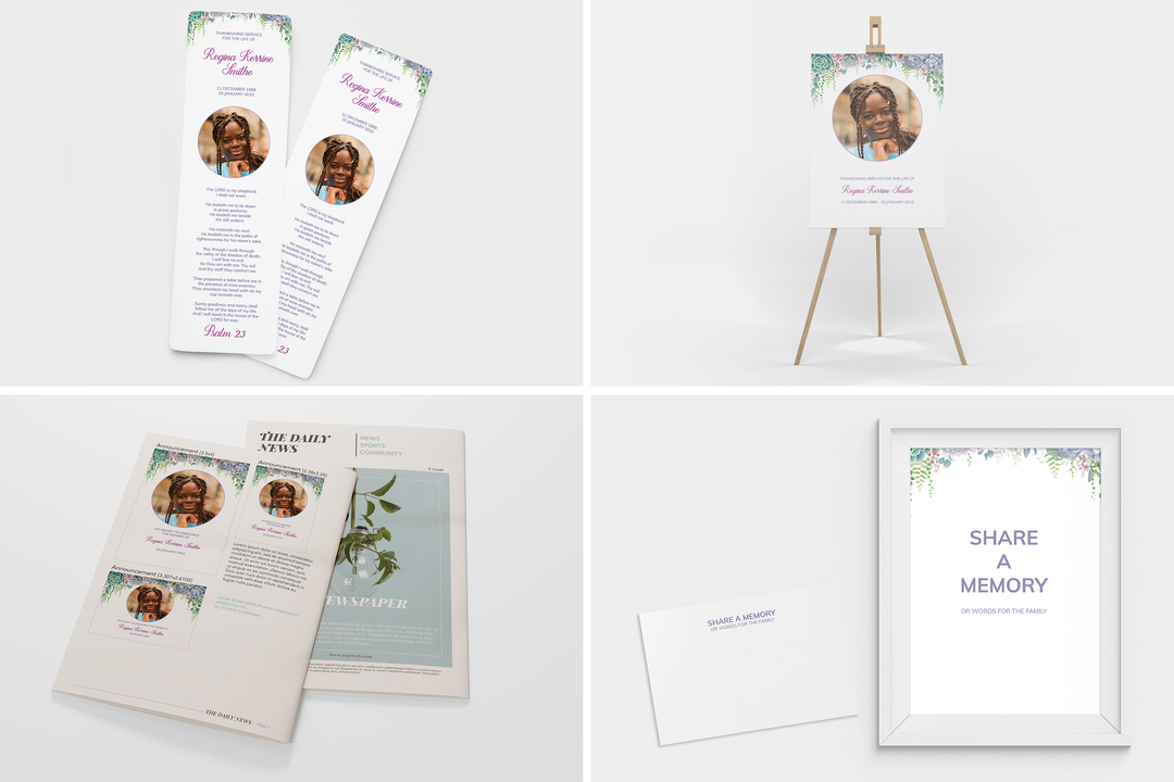 Crea un tributo funebre personalizzato con il nostro pacchetto di modelli digitali: piccolo programma di 4 pagine, presentazione, cartoline, annunci e set di ricordi 1015