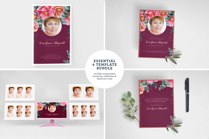 Red and Pink Floral Essential 4-Piece Funeral Template Bundle | Small 8-Page Program, Slideshow, Death Announcement, Invitation, Bookmark Welcome Sign, Share-a-Memory Set, Thank You Card