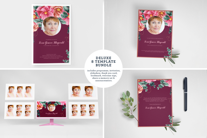 Cree un tributo funerario personalizado con nuestro paquete de plantillas digitales: programa pequeño de 8 páginas, presentación de diapositivas, tarjetas, anuncios y juego de recuerdos 1016