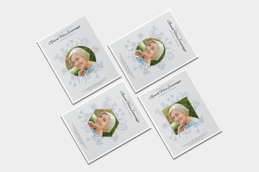 Umfangreiches digitales Bestattungsvorlagenpaket: großes 4-seitiges Programm, Diashow, Einladungskarten, Dankeskarten, Lesezeichen, Willkommensschild, Todesanzeigen (digital und Zeitung) und Share-a-Memory-Set 1001
