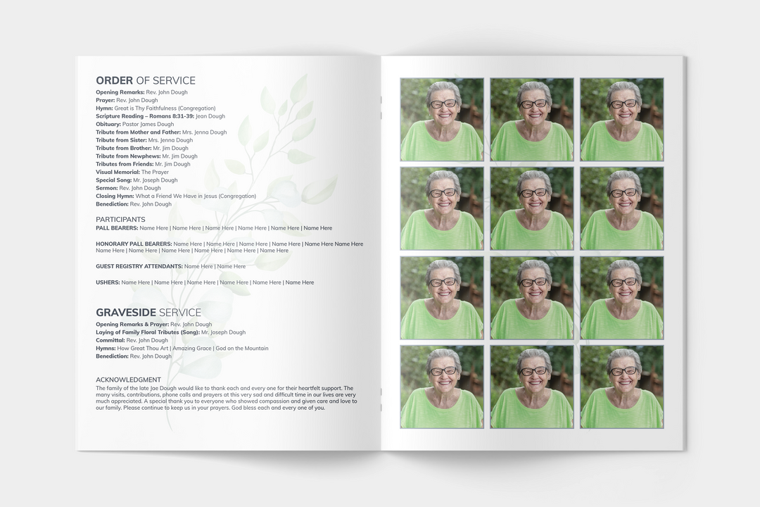 Greenery Deluxe 8-Piece Funeral Template Bundle | Large 4-Page Program, Slideshow, Death Announcement, Invitation, Bookmark Welcome Sign, Share-a-Memory Set, Thank You Card