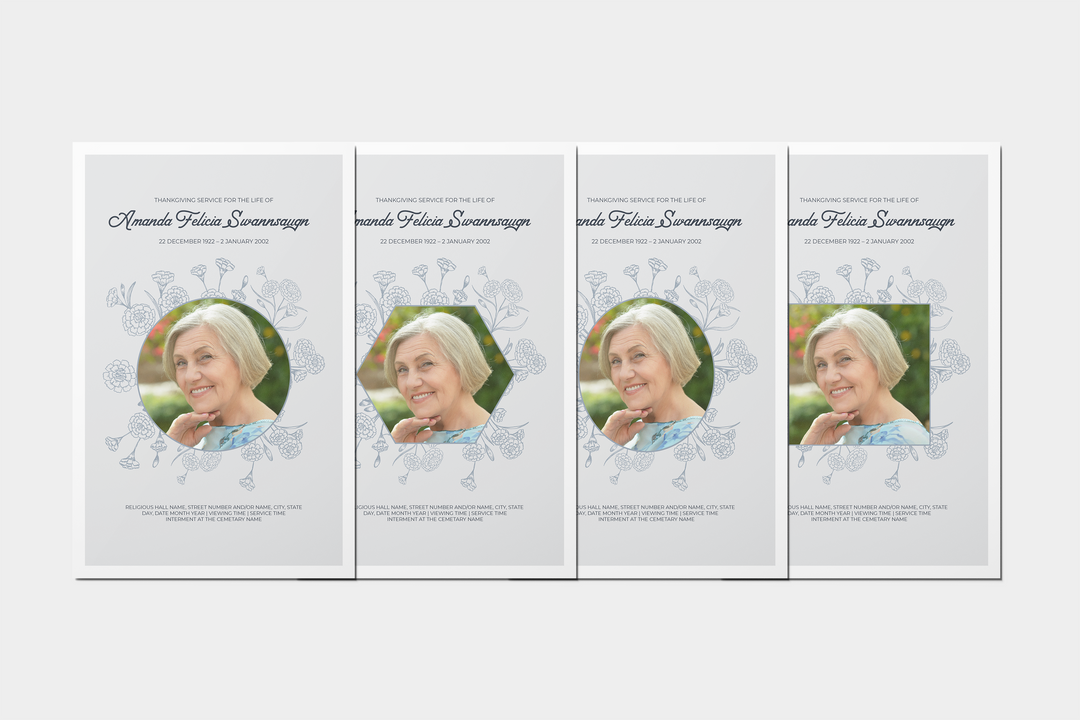 Cree un tributo funerario personalizado con nuestro paquete de plantillas digitales: programa pequeño de 4 páginas, presentación de diapositivas, tarjetas, anuncios y juego de recuerdos 1001