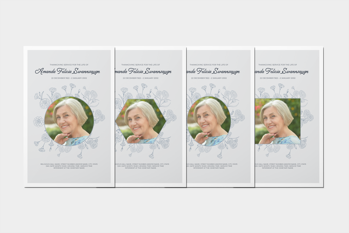 Cree un tributo funerario personalizado con nuestro paquete de plantillas digitales: programa pequeño de 4 páginas, presentación de diapositivas, tarjetas, anuncios y juego de recuerdos 1001