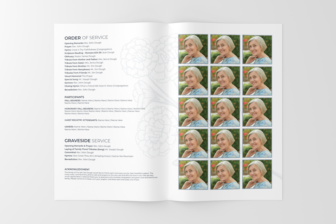 Crea un tributo funebre personalizzato con il nostro pacchetto di modelli digitali: piccolo programma di 8 pagine, presentazione, cartoline, annunci e set di ricordi 1001