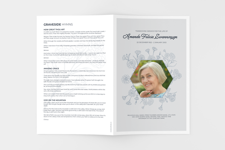 Crea un tributo funebre personalizzato con il nostro pacchetto di modelli digitali: piccolo programma di 8 pagine, presentazione, cartoline, annunci e set di ricordi 1001