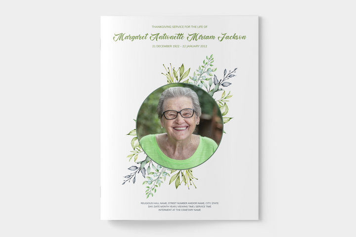 Greenery Funeral Program Template 8-Page Large
