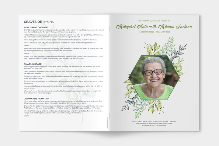 Greenery Deluxe 8-Piece Funeral Template Bundle | Large 4-Page Program, Slideshow, Death Announcement, Invitation, Bookmark Welcome Sign, Share-a-Memory Set, Thank You Card