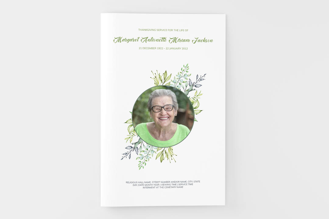 Crea un piccolo programma funebre/commemorativo personalizzato di 4 pagine con il nostro modello digitale stampabile 1002