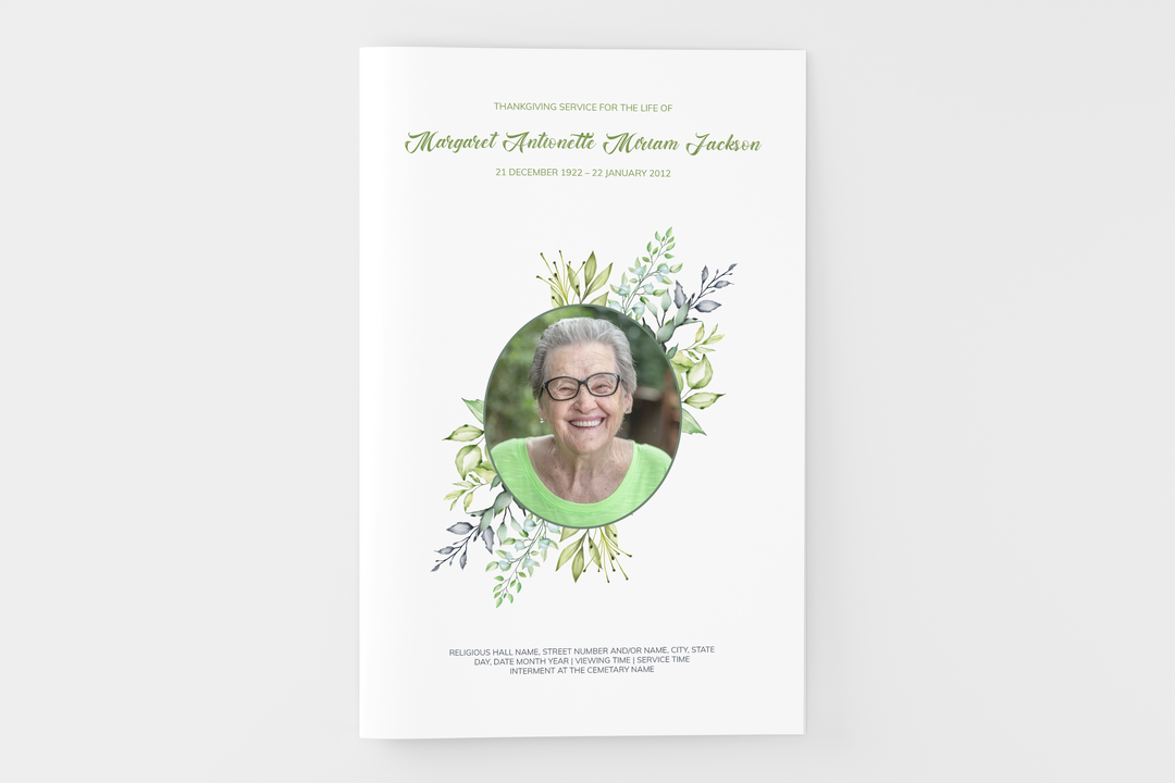 Crea un piccolo programma funebre/commemorativo personalizzato di 4 pagine con il nostro modello digitale stampabile 1002