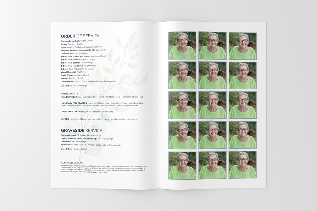 Greenery Funeral Program Template 8-Page Small
