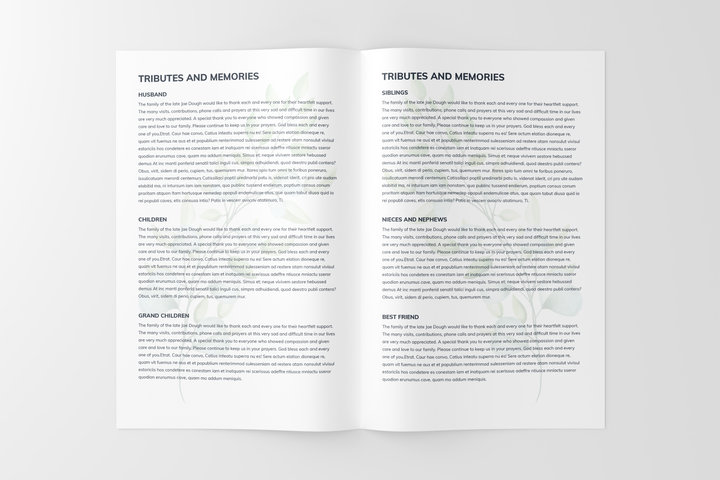 Greenery Deluxe 8-Piece Funeral Template Bundle | Small 8-Page Program, Slideshow, Death Announcement, Invitation, Bookmark Welcome Sign, Share-a-Memory Set, Thank You Card