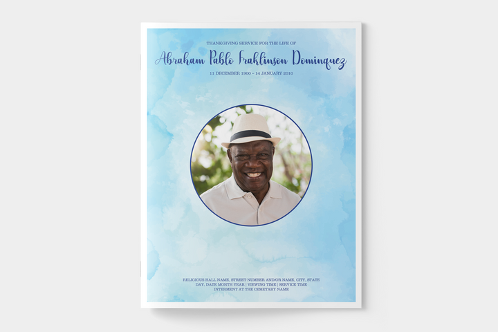 Blue Watercolor Funeral Program Template 4-Page Large