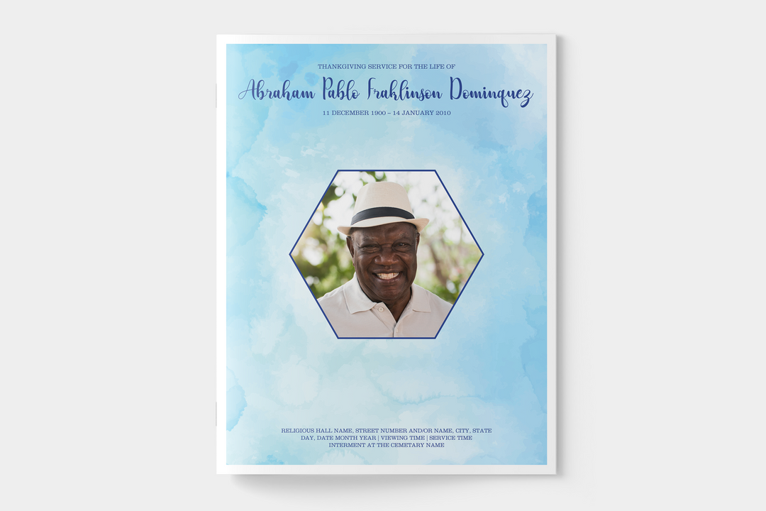 Blue Watercolor Funeral Program Template 8-Page Large