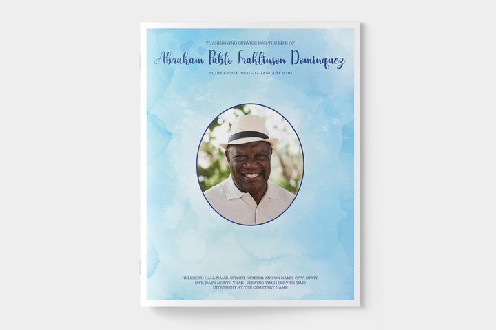 Blue Watercolor Funeral Program Template 12-Page Large