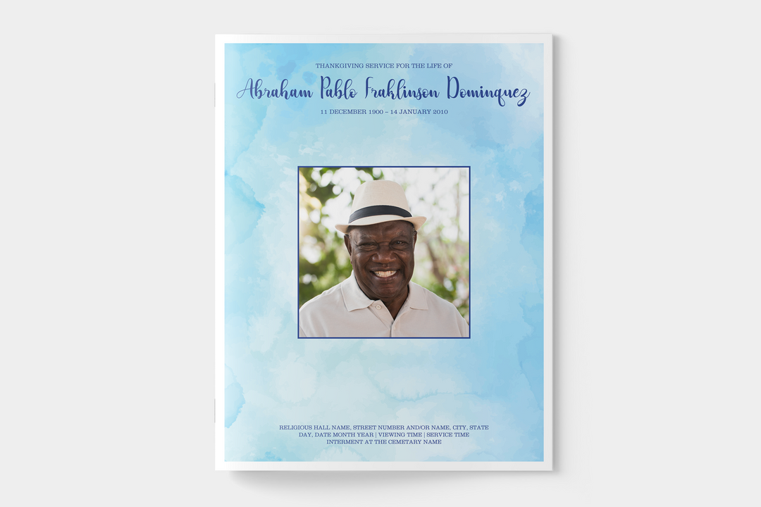 Blue Watercolor Funeral Program Template 12-Page Large