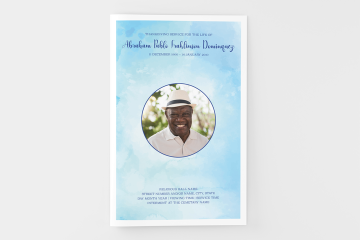 Blue Watercolor Funeral Program Template 8-Page Small