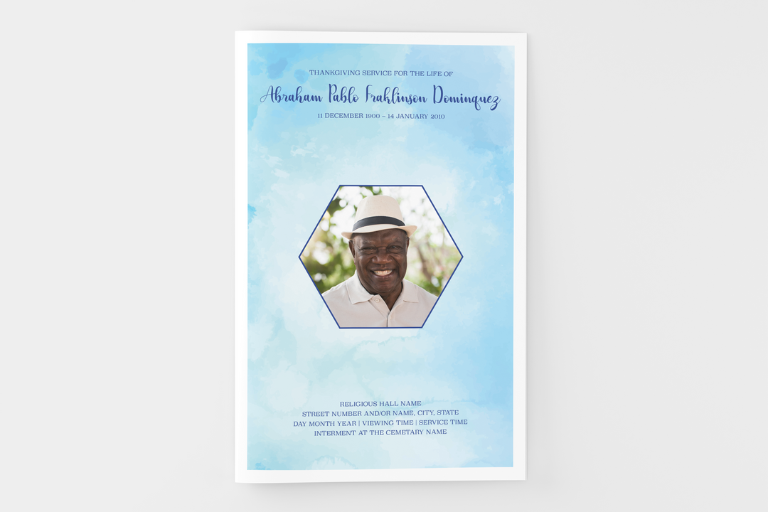 Blue Watercolor Funeral Program Template 8-Page Small