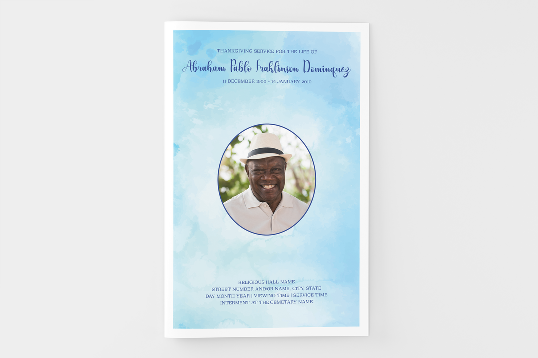 Blue Watercolor Funeral Program Template 4-Page Small