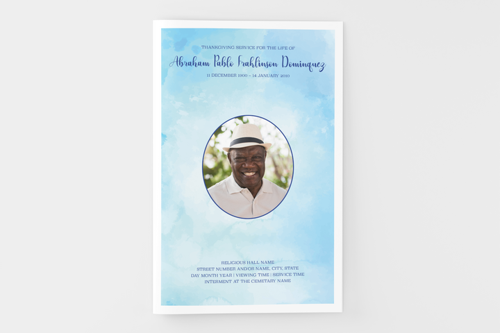 Blue Watercolor Funeral Program Template 8-Page Small