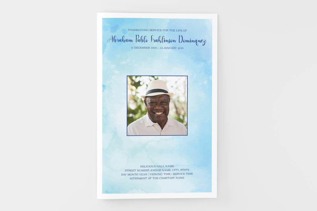 Blue Watercolor Funeral Program Template 8-Page Small