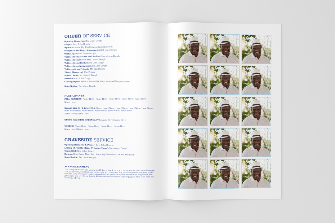 Blue Watercolor Funeral Program Template 8-Page Small