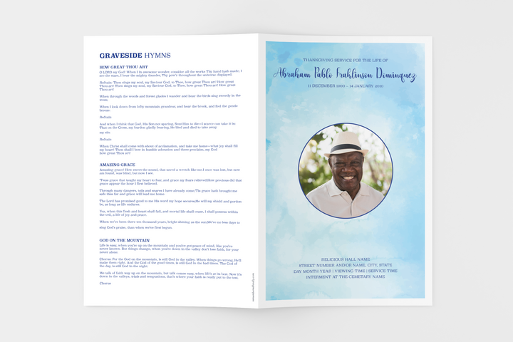 Blue Watercolor Deluxe 8-Piece Funeral Template Bundle | Small 8-Page Program, Slideshow, Death Announcement, Invitation, Bookmark Welcome Sign, Share-a-Memory Set, Thank You Card
