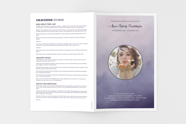 Purple Haze Deluxe 8-Piece Funeral Template Bundle | Small 4-Page Program, Slideshow, Death Announcement, Invitation, Bookmark Welcome Sign, Share-a-Memory Set, Thank You Card