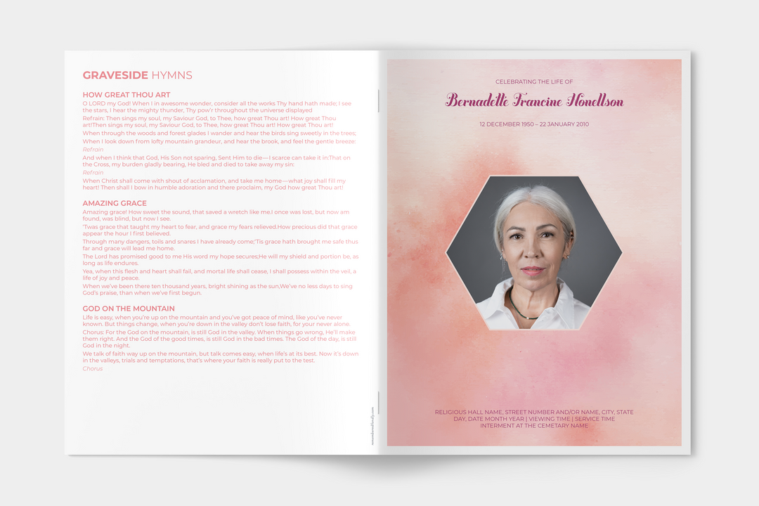 Pink Cloud Deluxe 8-Piece Funeral Template Bundle | Large 8-Page Program, Slideshow, Death Announcement, Invitation, Bookmark Welcome Sign, Share-a-Memory Set, Thank You Card