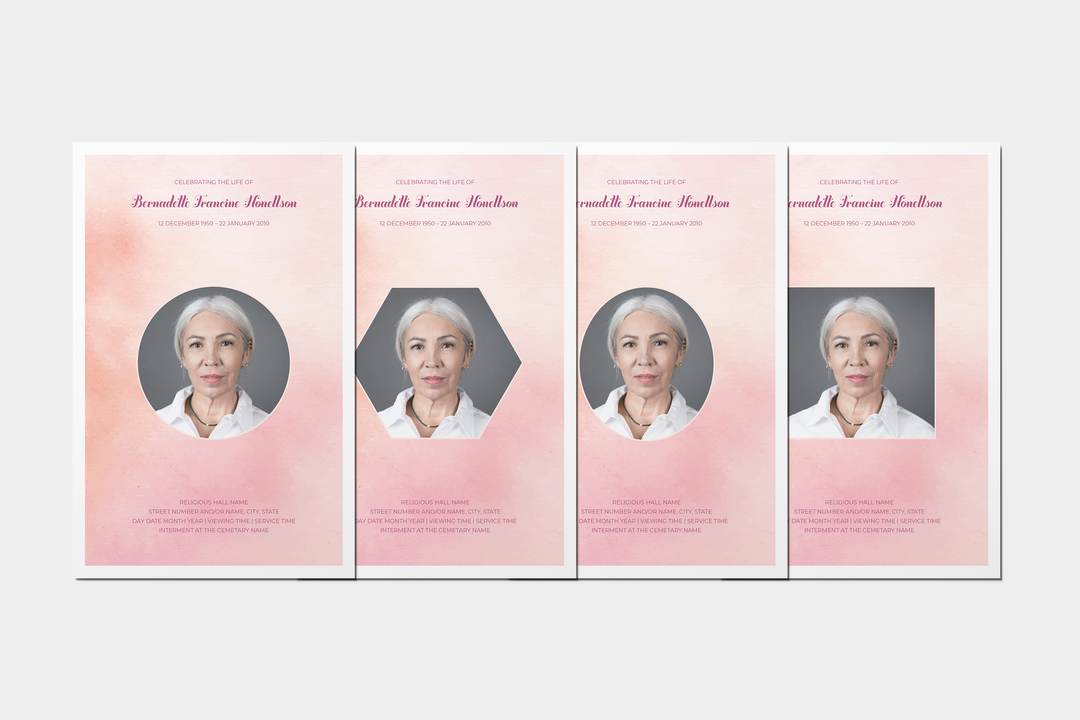 Pink Cloud Deluxe 8-Piece Funeral Template Bundle | Small 8-Page Program, Slideshow, Death Announcement, Invitation, Bookmark Welcome Sign, Share-a-Memory Set, Thank You Card