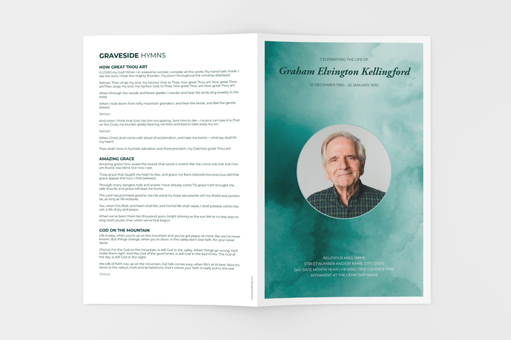 Green Watercolor Essential 4-Piece Funeral Template Bundle | Small 8-Page Program, Slideshow, Death Announcement, Invitation, Bookmark Welcome Sign, Share-a-Memory Set, Thank You Card