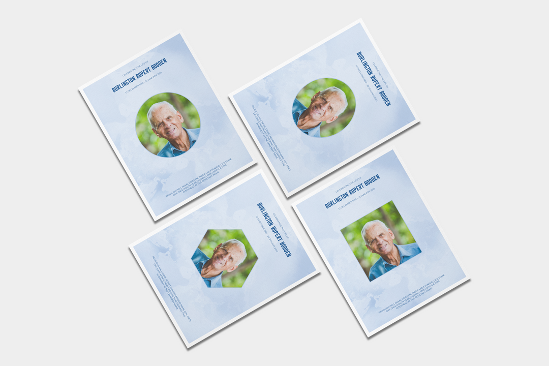 Blue Sky Deluxe 8-Piece Funeral Template Bundle | Large 8-Page Program, Slideshow, Death Announcement, Invitation, Bookmark Welcome Sign, Share-a-Memory Set, Thank You Card