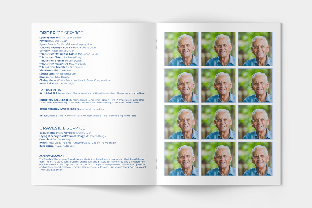 Blue Sky Deluxe 8-Piece Funeral Template Bundle | Large 8-Page Program, Slideshow, Death Announcement, Invitation, Bookmark Welcome Sign, Share-a-Memory Set, Thank You Card