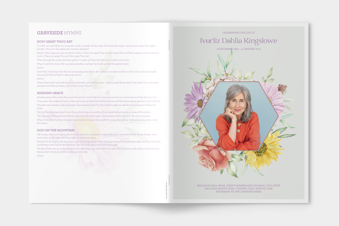 Wildflower Wreath Deluxe 8-Piece Funeral Template Bundle | Large 4-Page Program, Slideshow, Death Announcement, Invitation, Bookmark Welcome Sign, Share-a-Memory Set, Thank You Card