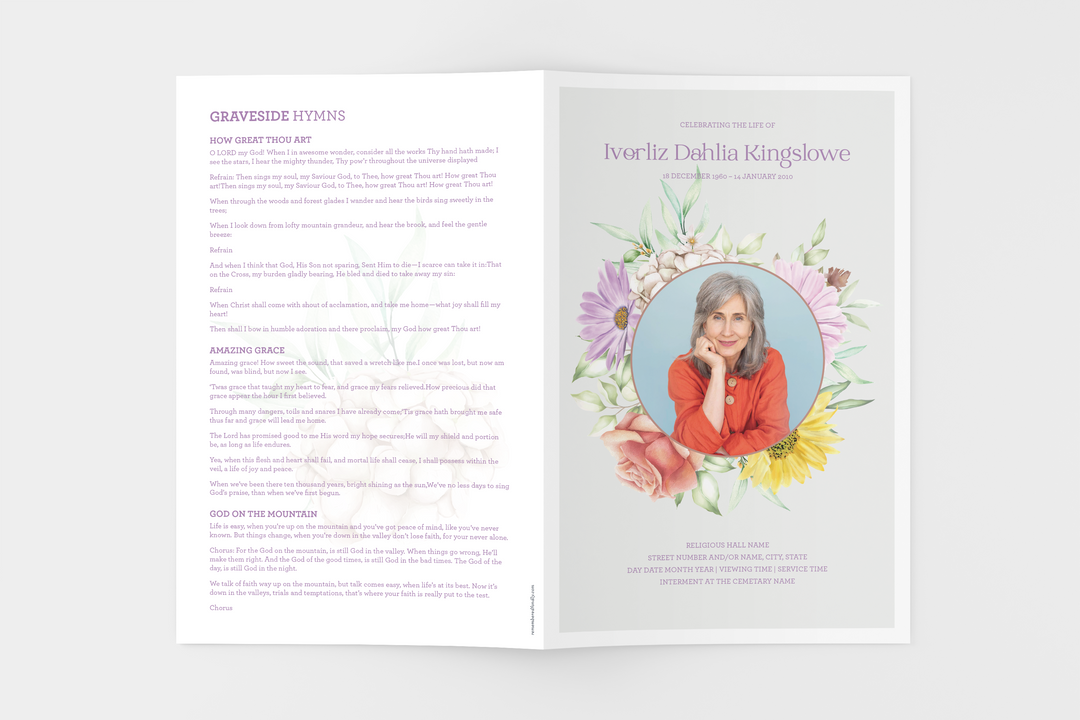 Erstellen Sie eine personalisierte Trauerfeier mit unserem digitalen Vorlagenpaket: kleines 4-seitiges Programm, Diashow, Karten, Ankündigungen und Erinnerungsset 1009