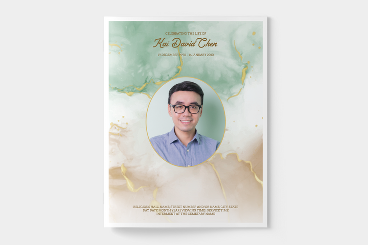 Green and Gold Marble Funeral Program Template 12-Page Large