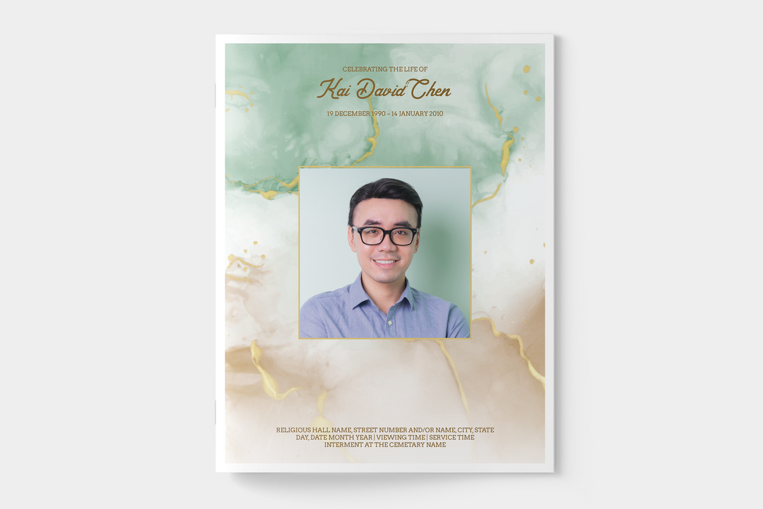 Green and Gold Marble Funeral Program Template 12-Page Large